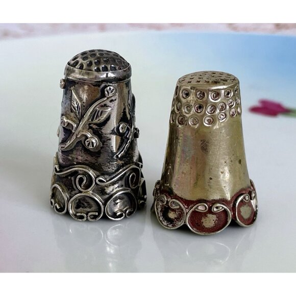 Vintage lot 2 Thimbles Ornate Taxco Mexico Sterling Alpaca silver - Picture 15 of 15